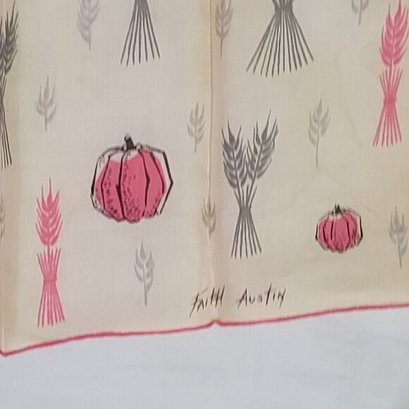 Faith Austin Autumn Fall Pumpkin Wheat Vintage Rare Gray Pink Handkerchief - Picture 2 of 4